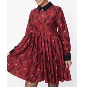 Unique vintage burgundy bats and moons long sleeved collared dress